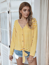 Striped Chic V Neck Button Trim Top