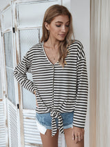 Striped Chic V Neck Button Trim Top