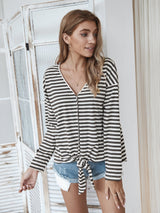 Striped Chic V Neck Button Trim Top