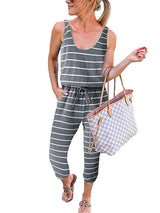 Scoop Neck Sleeveless Striped Drawstring Jumpsuits