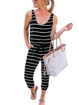 Scoop Neck Sleeveless Striped Drawstring Jumpsuits