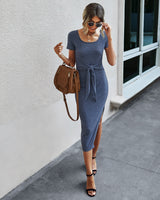 Square Neck Tie Waist Midi Dress