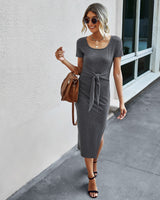 Square Neck Tie Waist Midi Dress