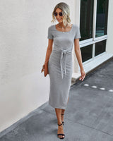 Square Neck Tie Waist Midi Dress