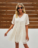 Polka Dot V Neck Ruffle Tunic Dress | Dress - Women's | 2023, above the knee, Dress, New Arrivals | Elings