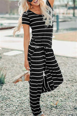 Short Dress Scoop Neck Striped Print Wide Leg Drawstring Pockets Loose Fit Jumpsuit