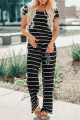 Short Dress Scoop Neck Striped Print Wide Leg Drawstring Pockets Loose Fit Jumpsuit