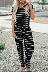 Short Dress Scoop Neck Striped Print Wide Leg Drawstring Pockets Loose Fit Jumpsuit