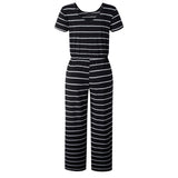 Short Dress Scoop Neck Striped Print Wide Leg Drawstring Pockets Loose Fit Jumpsuit