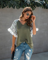 Ruffle Sleeve V Neck Tee Shirt