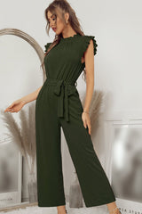 Mock Neck Sleeveless Waist Tie Straight Leg Pockets Solid Ruffled Jumpsuit