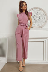 Mock Neck Sleeveless Waist Tie Straight Leg Pockets Solid Ruffled Jumpsuit