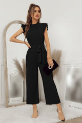 Mock Neck Sleeveless Waist Tie Straight Leg Pockets Solid Ruffled Jumpsuit