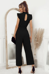 Mock Neck Sleeveless Waist Tie Straight Leg Pockets Solid Ruffled Jumpsuit