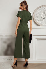 V Neck Cross Short Ruffled Sleeve Fitted Solid Wide Leg Jumpsuit