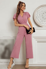 V Neck Cross Short Ruffled Sleeve Fitted Solid Wide Leg Jumpsuit