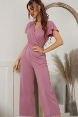 V Neck Cross Short Ruffled Sleeve Fitted Solid Wide Leg Jumpsuit