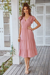 Vneck Ruffled Sleeves Tiered Midi Dress