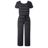 Short Dress Scoop Neck Striped Print Wide Leg Drawstring Pockets Loose Fit Jumpsuit