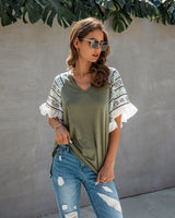 Ruffle Sleeve V Neck Tee Shirt