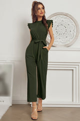 Mock Neck Sleeveless Waist Tie Straight Leg Pockets Solid Ruffled Jumpsuit