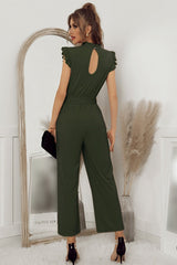 Mock Neck Sleeveless Waist Tie Straight Leg Pockets Solid Ruffled Jumpsuit