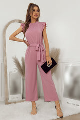 Mock Neck Sleeveless Waist Tie Straight Leg Pockets Solid Ruffled Jumpsuit