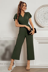 V Neck Cross Short Ruffled Sleeve Fitted Solid Wide Leg Jumpsuit