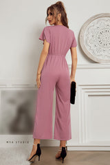 V Neck Cross Short Ruffled Sleeve Fitted Solid Wide Leg Jumpsuit