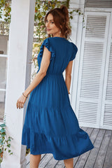 Vneck Ruffled Sleeves Tiered Midi Dress