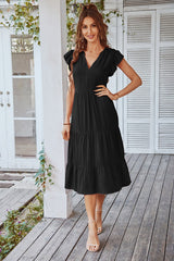 Vneck Ruffled Sleeves Tiered Midi Dress