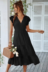 Vneck Ruffled Sleeves Tiered Midi Dress