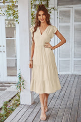 Vneck Ruffled Sleeves Tiered Midi Dress