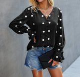 Polka Dot V Neck Blouse | Casual Woven Top - Women's | 2023, long sleeve top, New Arrivals, Top, tops | Elings